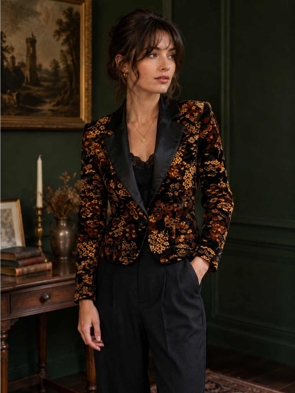 Vintage 1980s Lorch cotton velveteen floral tuxedo blazer 10
